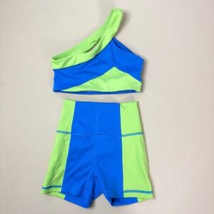 Jo+Jax Crossover Dance Set Youth Medium YM Blue Lime One Shoulder Top & Shorts